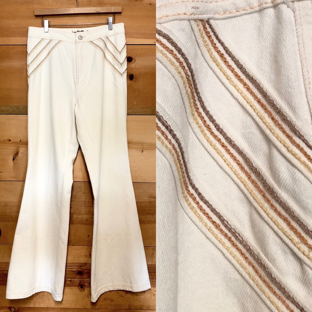 Free People Bootcut bell bottom embroidered cream jeans  boho festival
